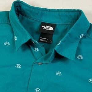 The North Face Button Up Shirt‎ Mens M Teal Blue AOP Geometric Short Sleeve